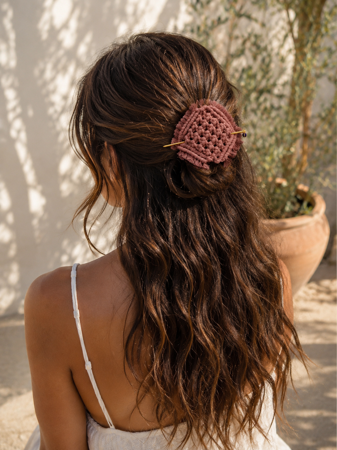Hebillas boho para cabello en Macramé_Rosa Viejo