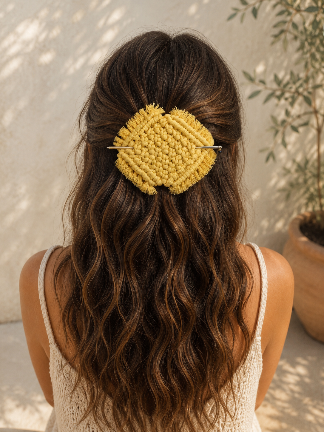 Hebillas boho para cabello en Macramé_Amarilla